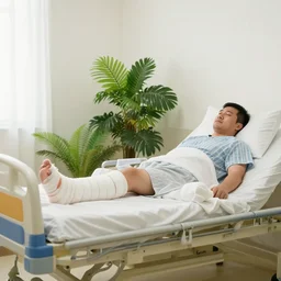 a man with a broken leg in a cast lies in a cozy hospital room with lots of vegetation and bright walls, limited color palette, low angle, side view