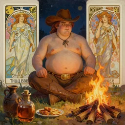 a serene, ethereal painting of a mischievous thicc shirtless cowboy with a beer belly | night scene with campfire | food and jugs of whisky in the foreground | tarot card, art deco, art nouveau | by Alphonse Mucha | trending on artstation