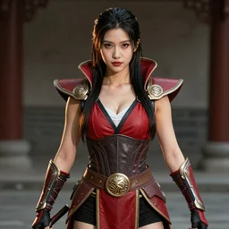 hot cosplay on scarlet from Mortal Kombat 11, high detail of the face, high detail, high modernization, hyper realistic, beautiful, full body