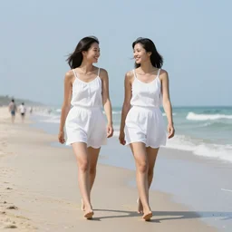 90's Professional Color Photography, Nikon, Two girls in white walking on the beach, smile for cam, Summer