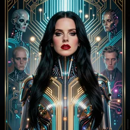 art deco portrait of lana del rey as a cyborg, flashing circuit board lanes and bright lights, cyberpunk, lovecraft, giger, rutkowski, lynch, cronenberg, style of artgerm, photorealistic, cinematic, poster art