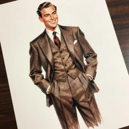 confident, dapper, smiling, rich 1 9 2 0 s man in full figure with his hands in his pockets as seen from a slight upward angle. fashion drawing