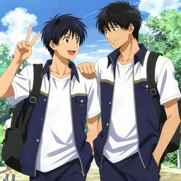 boy's love anime high school noon, high detail concept art, perfect proportions fine face, athletic tall handsome guys, close together romantic undertones everyday life, playful interaction, avant designer uniform, vivid colors, realistic shaded lighting poster fantasy art kazue kato, katsuhiro, jeremy lipking and michael germash, makoto shinkai, loish and clamp style, best selling artist