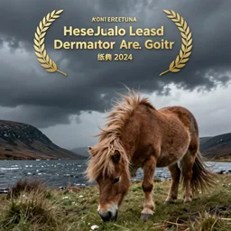 a shetland pony grazing next to a scottish loch, stormy sky, windy, dramatic lighting, cinematic, epic scene, award winning photography, landscape photography, low angle, dutch angle