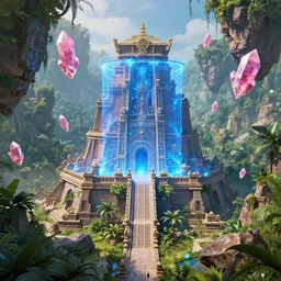 hyperrealistic, wizard city, aztec temple, metropolis, magic, blue forcefield, levitating pink crystals, jungle, overgrown, floating rubble