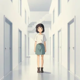 a beautiful slimegirl woman in a bright white hallway with many doors and many stairs, Mc Escher architecture, epic composition, by Makoto Shinkai