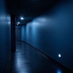 underground lab hallway, dark blue and black, unknown location, clean, dry wall, shiny black tile floors, cinematic