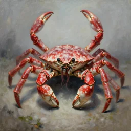 a bipedal crab human hybrid. red and white marbled skin, long hair, carapace. a beautiful unsettling painting by greg rutkowski
