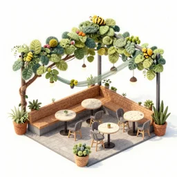 an amazing outdoor cafe design, wool felting and watercolor, design by beeple, isometric style