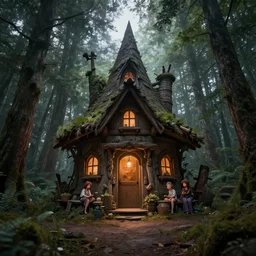 a witch hut inside, greg rutkowski, zabrocki, karlkka, jayison devadas, trending on artstation, 8 k, ultra wide angle, zenith view, pincushion lens effect