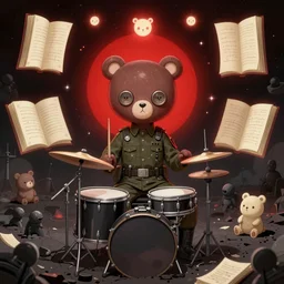 resolution 4k worlds of loss and depression made in abyss design Akihito Tsukushi design body bear cute button eyes battlefield darkness military drummer boy pepe Akihito Tsukushi concept the sky is filled with red halos over each of their heads ivory dream like storybooks, fractals , cute bears at war, art in the style of and Oleg Vdovenko and Akihito Tsukushi ,Stefan Koidl