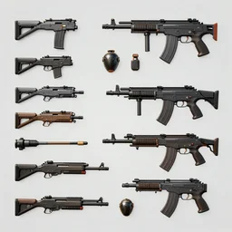 Plataform Game assets,  machine guns weapons, various items, in the style of  Z.W. Gu from trending on artstation, HD, Octane render, smooth, sharp focus
