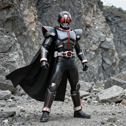 Biomechanical Kamen Rider with a flowing cape, single character, full body, 4k, rock quarry location, vibrant colors, daytime, glowing eyes, rubber suit, biomechanical armor, ultra realistic, high quality, cinematic, centered, cinematography