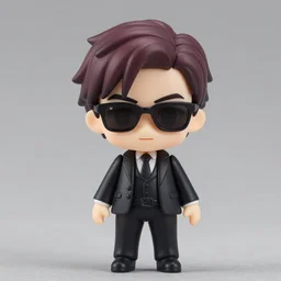 nendoroid crowley from good omens, good omens tv series, marron short hair, blsck suit, sunglasses, david tennant, product photography