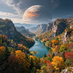 A majestic Landscape on an alien planet filled with Colorful trees and a lake