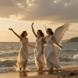 young womens in paradise at the sea, golden hour ,joyfulness ,peaceful, holy spirit, joy, guardian angel, space as wall paper, dramatic,,,8k, ultrarealistic , highst resolution