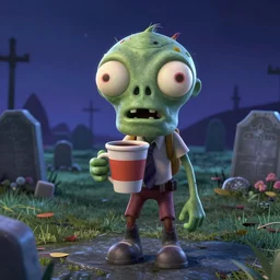 a funny zombie character with big eyes holding a cup of coffee on a cemetery at night. pixar disney 4 k 3 d render movie oscar winning trending on artstation and behance. ratatouille style.