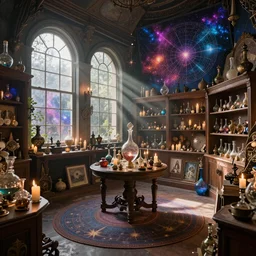 the inside of an occult bookshop, potions, star charts, candles, knick knacks, ufotable studio art style, fantasy, fantasy aesthetic, occult aesthetic, magic aesthetic, colors, colorful, sparkles in the air, cosmic, sunbeams, big windows, wide angle
