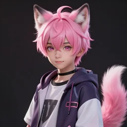 portrait of a cute anime boy with pink hair and pink wolf ears and pink wolf tail wearing stylish clothes | | highly detailed digital art painting by ruan jia, cory loftis, jeremy mann. artstation, pinterest, volumetric lighting, subsurface scattering, photorealistic, octane render, random artists