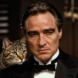 marlon brando as the godfather with the face of a cat