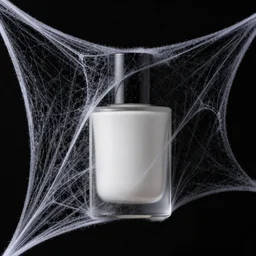 sophisticated high - fashion cosmetic packaging made from spider webs on a black background, product shot, studio lighting