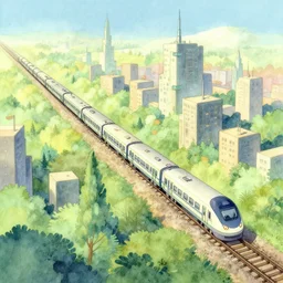 a long train crossing a minimalistic forest city!!!!! studio ghibli, pixar and disney animation, science fiction, cyberpunk, sharp, disney concept art watercolor illustration by krenz cushart and alphonse mucha, pastel color palette, dynamic lighting