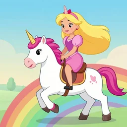 a princess with extremely long blond hair from a cartoon riding a unicorn over a rainbow drawn as gta