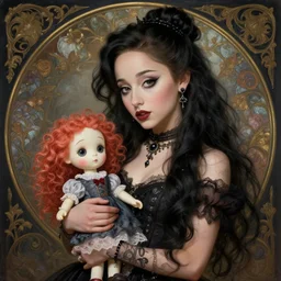 beautiful cottagecore Ariana Grande holding a Coraline doll, Black Hair, Goth, intricate, elegant, highly detailed, digital painting, artstation, concept art, smooth, sharp, focus, illustration, art by artgerm and greg rutkowski and alphonse mucha