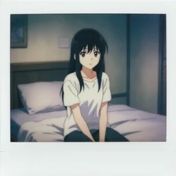a film still of lone anime girl in white tshirt is sitting on poor bed in pale colors room in dark russian flat, perfect faces, fine details, anime, polaroid