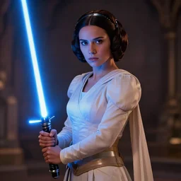 Princess Leia holding a blue lightsaber, artstation