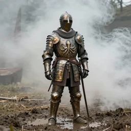 a film still of a medieval warrior with bronze armor that has carvings of squids and cuttlefish, they’re standing in mud with puddles, surrounded by dry ice smoke, fog, haze, highly detailed, wide shot, full body