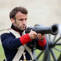 closeup portrait of emmanuel macron dressed as napoleon firing a cannon at england, natural light, sharp, detailed face, magazine, press, photo, steve mccurry, david lazar, canon, nikon, focus