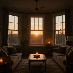 dark dreamy living room, candlelight glow, golden sunset, glowing windows