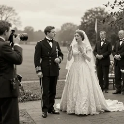 Wide intermediate shot, coloured black and white, historical fantasy photographic image of a royal wedding of the groom who is waiting for his wife while appearing utterly afraid. An image from 1907 taken during the royal wedding's official wedding photographer's golden hour displays warming lighting. ultra realistic, photorealistic, cinema, hyper realistic, cinematic.