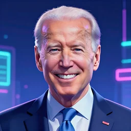 grinning cyberpunk Joe Biden vaporwave aesthetic