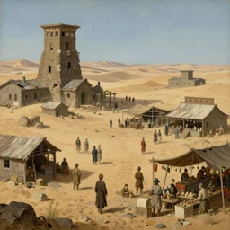 renaissance painting of a dystopian desert marketplace, old american midwest, ruins, encroaching sands, borderlands aesthetic, by ruan jia, by conrad roset, by yoshitaka amano, cgsociety, artstation, portfolio quality.