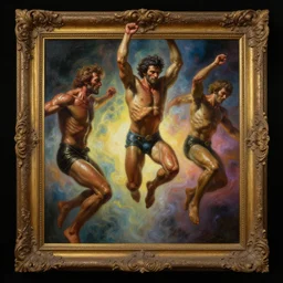 a baroque neoclassicist close - up painting of brown bodybuilder people jumping out of picture frames. reflective detailed textures. glowing colorful fog, black background. highly detailed fantasy science fiction painting by moebius, norman rockwell, frank frazetta, and syd mead. rich colors, high contrast. artstation