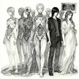 x - ray and bioscans of a new transhumanist ai race, in a style blending æon flux, shepard fairey, hideo kojima, mobius, and botticelli, inspired by pre - raphaelite, shoujo manga, ethereal ultralight quantum ghost machine, uncanny, bizarre, bismuth, biomass of wires, ultra detailed, superfine ink lines, 4 k photorealistic, full shot,