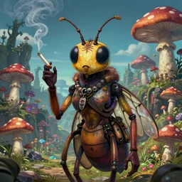 a centered chest up portrait of a psychedelic godlike anthropomorphic insect smoking a hand - rolled cigarette, magic mushroom village in background. award winning. superb resolution. in the art style of junji ito and greg rutkowski. detailed mushroom city in background. hyper realistic anime. perfect art. dalle 2