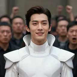 portrait of a regal prince in futuristic white clothes, high collar, sharp cheekbones, hopeful expression, surrounded by a crowd of furious people out of focus, matte painting, digital art, stylized, highly detailed