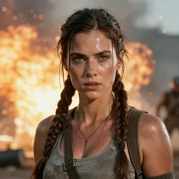 a film still of lara croft as russian evading explosions, her face muddy and sweat, direct sun light, close up potrait, cinematic,