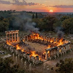 burning ancient roman village being invaded by skeletons, dense forest in the background, wide angle, top view, sunset, hyperrealistic, high detail, oil painting, 8 k,