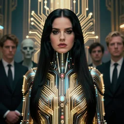 art deco portrait of lana del rey as a cyborg, flashing circuit board lanes and bright lights, cyberpunk, lovecraft, giger, rutkowski, lynch, cronenberg, style of artgerm, photorealistic, cinematic