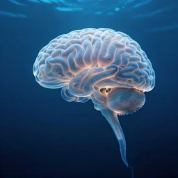 translucent brain 🧠, with many tentacles, floating in the deep ocean, ethereal lighting, deep blue