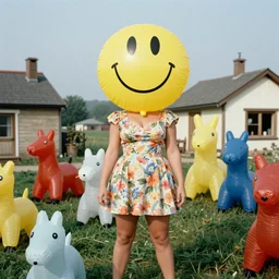 1976 glamorous thicc woman wearing an inflatable smiley head, wearing a dress, in a small village full of inflatable animals, 1976 French film archival footage technicolor film expired film 16mm Fellini new wave John Waters Russ Meyer movie still