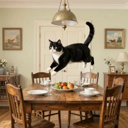 a cat levitating above a dining table, in the style of edward gorey