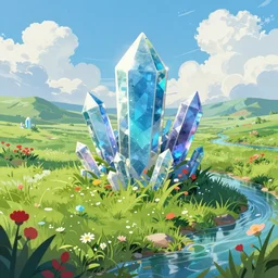 crystals, green meadow, flowers, red leaves, stream, clouds, epic fantasy, colorfully, digital art, concept art, detailed illustration, hd, 4 k, digital art, by maxime desmettre trending on artstation