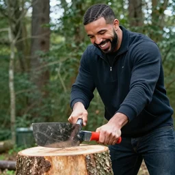 Drake smiling as he chops down a tree with his hand