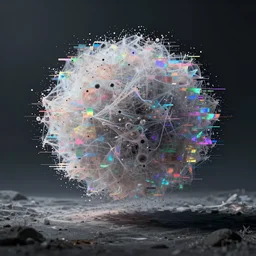 dream landscape, simulation, glitch art, flocking particles, volumetric object, physical particles, translucence, cinematic lighting, iridescence, by ash thorpe