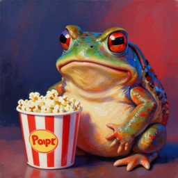 hyper realistic oil painting of chubby toad wearing red - blue anaglyph and watching movie with bucket of popcorn, vibrant colors, high contrast, by greg rutkowski, trending on artstation, animal caricaturist